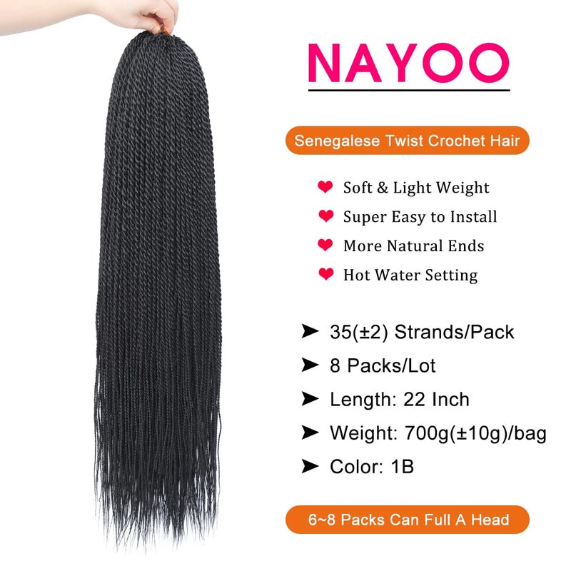 NAYOO Senegalese Twist Crochet Hair for black women 22 Inch 8 Packs Crochet Braids hair 34~35 Stands/Pack small Crochet Hair Hot Water Setting(22 Inch, 1B) - Image 4
